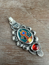 Load image into Gallery viewer, Cloisonné glass enamel pendant with trilobite fossil and garnet