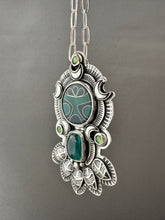 Load image into Gallery viewer, Cloisonné glass enamel pendant with serpentines and green fluorite
