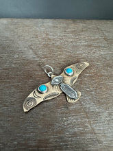 Load image into Gallery viewer, Bronze and silver stamped bird pendant with turquoise