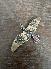 Load image into Gallery viewer, Bronze and silver stamped bird pendant with pink garnet