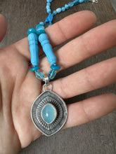 Load image into Gallery viewer, Layered silver and Aquamarine eye pendant with hand knotted vintage glass beads