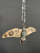 Load image into Gallery viewer, Bronze and silver stamped bird pendant with a pink tourmaline