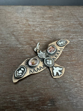 Load image into Gallery viewer, Bronze and silver stamped bird pendant with pink tourmaline