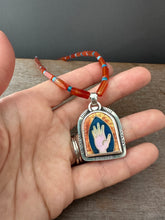 Load image into Gallery viewer, The Hand of the Maker Cloisonné Enamel Medallion on Carnelian and Apatite Beaded Necklace