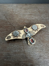 Load image into Gallery viewer, Bronze and silver stamped bird brooch with garnet