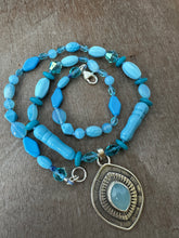Load image into Gallery viewer, Layered silver and Aquamarine eye pendant with hand knotted vintage glass beads