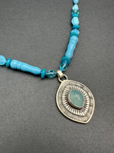 Load image into Gallery viewer, Layered silver and Aquamarine eye pendant with hand knotted vintage glass beads
