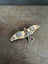 Load image into Gallery viewer, Bronze and silver stamped bird brooch with garnet