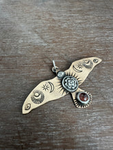 Load image into Gallery viewer, Bronze and silver stamped bird pendant with a pink tourmaline