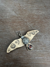 Load image into Gallery viewer, Bronze and silver stamped bird pendant with a pink tourmaline