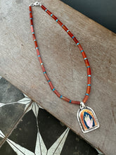 Load image into Gallery viewer, The Hand of the Maker Cloisonné Enamel Medallion on Carnelian and Apatite Beaded Necklace