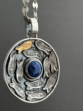 Load image into Gallery viewer, Silver fish parable pendant with lapis