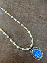 Load image into Gallery viewer, Enameled cross on a beaded mother of pearl and crystal necklace.