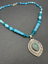 Load image into Gallery viewer, Layered silver and Aquamarine eye pendant with hand knotted vintage glass beads