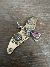 Load image into Gallery viewer, Bronze and silver stamped bird pendant with pink garnet