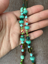Load image into Gallery viewer, Vintage glass bead silk knotted necklace in greens and oranges