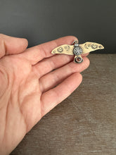 Load image into Gallery viewer, Bronze and silver stamped bird pendant with a pink tourmaline