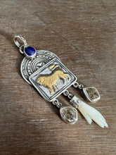 Load image into Gallery viewer, Golden Lion with Herkimer quartz, lapis, and a shell hand