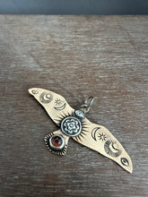 Load image into Gallery viewer, Bronze and silver stamped bird pendant with a pink tourmaline