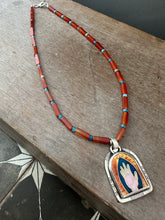 Load image into Gallery viewer, The Hand of the Maker Cloisonné Enamel Medallion on Carnelian and Apatite Beaded Necklace