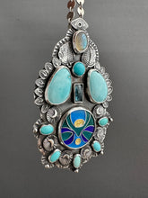 Load image into Gallery viewer, Cloisonné glass enamel with turquoise, labradorite, and kyanite