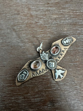 Load image into Gallery viewer, Bronze and silver stamped bird pendant with pink tourmaline
