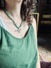 Load image into Gallery viewer, Bronze and silver stamped bird on hand knotted silk and gemstone necklace