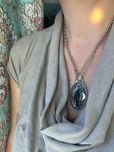 Load image into Gallery viewer, Amethyst sage agate raven with branch and moon Necklace