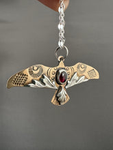 Load image into Gallery viewer, Bronze and silver stamped bird pendant with garnet