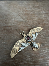 Load image into Gallery viewer, Bronze and silver stamped bird pendant with garnet