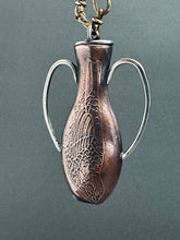 Load image into Gallery viewer, Amphora Pendant with etched bird drawing and bronze bird
