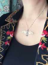 Load image into Gallery viewer, Bronze and silver stamped bird pendant with a pink tourmaline