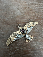Load image into Gallery viewer, Bronze and silver stamped bird pendant with garnet