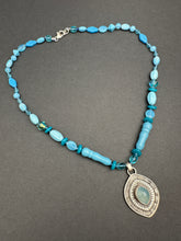 Load image into Gallery viewer, Layered silver and Aquamarine eye pendant with hand knotted vintage glass beads