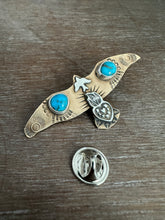 Load image into Gallery viewer, Bronze and silver stamped bird brooch with turquoise