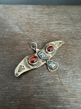 Load image into Gallery viewer, Bronze and silver stamped bird pendant with garnets