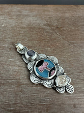 Load image into Gallery viewer, Cloisonné glass enamel pendant with ruby and quartz