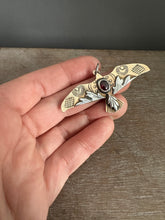 Load image into Gallery viewer, Bronze and silver stamped bird pendant with garnet