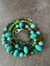 Load image into Gallery viewer, Vintage glass bead silk knotted necklace in greens and oranges