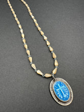 Load image into Gallery viewer, Enameled cross on a beaded mother of pearl and crystal necklace.