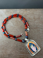 Load image into Gallery viewer, Cloisonné Enamel Hand Medallion on Carnelian and Apatite Beaded Necklace