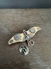 Load image into Gallery viewer, Bronze and silver stamped bird brooch with garnet