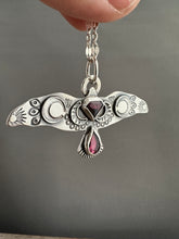 Load image into Gallery viewer, Large stamped bird pendant with a Winza Sapphire and garnet.