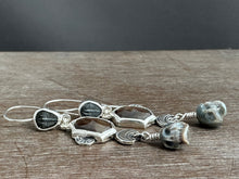 Load image into Gallery viewer, Trilobite, Bronze sapphire, and Carved Pearl Skull Dangle Earrings