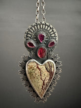 Load image into Gallery viewer, Rainforest Serpentine Sacred Heart with red spinel and garnets