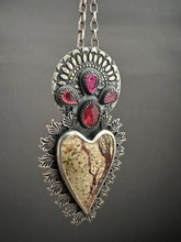 Load image into Gallery viewer, Rainforest Serpentine Sacred Heart with red spinel and garnets