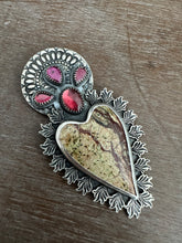 Load image into Gallery viewer, Rainforest Serpentine Sacred Heart with red spinel and garnets