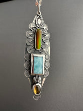 Load image into Gallery viewer, Multi stone pendant with Synthetic opal, Larimar, and Whiskey Quartz