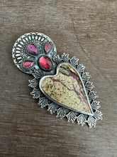 Load image into Gallery viewer, Rainforest Serpentine Sacred Heart with red spinel and garnets