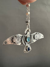 Load image into Gallery viewer, Large Blue Topaz and Kyanite stamped bird pendant